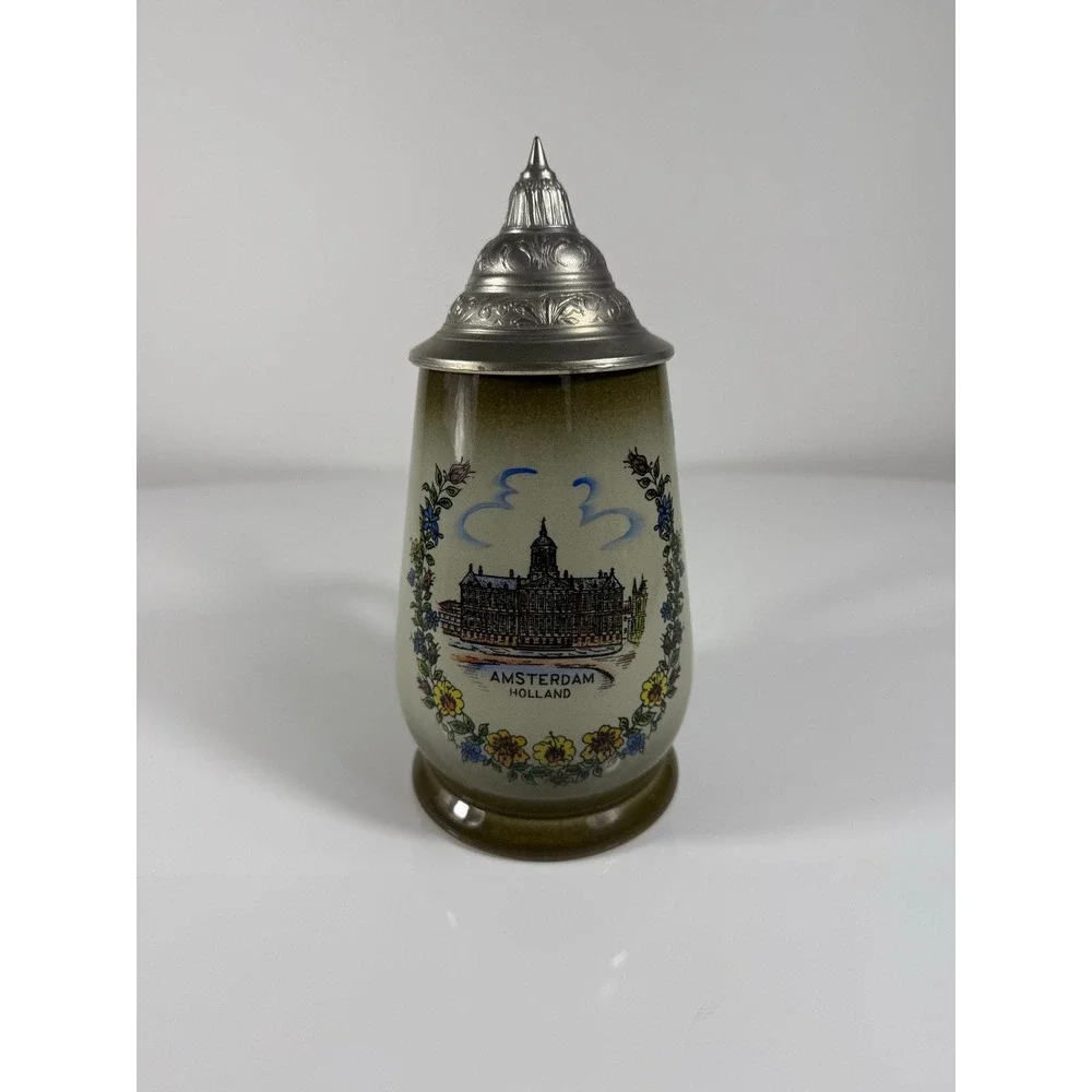 Vintage Original King Handmade Ceramic Beer Stein with Pewter Lid‎
